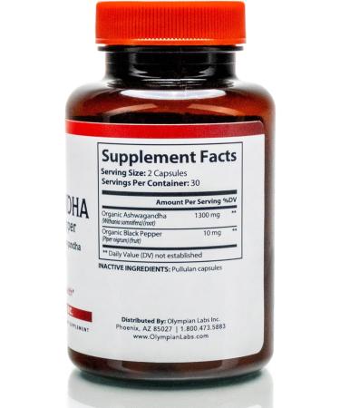 Olympian Labs Organic Ashwagandha with Black Pepper Supports The Brain Health - 60 Vegan Capsules 1300mg - Buy Online on GoSupps.com