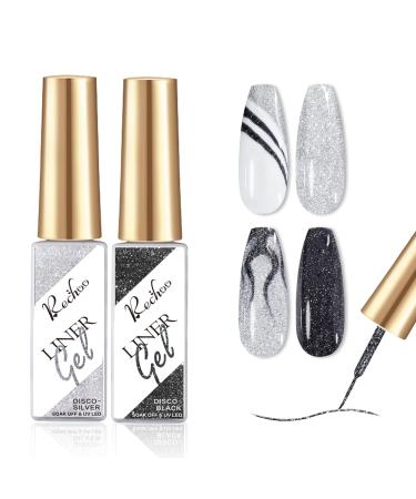 Rechoo 2pcs Nail Art Gel Liner-10ml Black & Silver Reflective Glitter Gel Polish For French Nail Art Sparkly Shinny Soak Off Nail Gel for Nail Design Beginners and Professionals C-2-Black & Silver