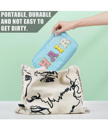 Nylon Waterproof Preppy Makeup Bag - Girls Chenille Letter Portable Travel Organizer for Toiletries and Cosmetics Storage (Blue Hair) - Patches Included - Buy Online on GoSupps.com