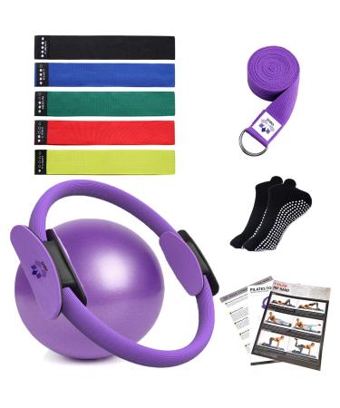 YXILEE Pilates Ring Circle Set - Workout at Home Workout Equipment Women - Booty Bands Stretching Equipment Pilates Mini Exercise Ball for Legs Arms and Thighs - Weight Loss for Women Video Guides Purple
