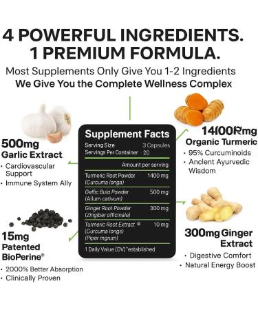 Turmeric Curcumin Supplement with BioPerine & Garlic - 2360mg High Potency Turmeric Ginger Root Capsules for Joint Support Immune Health & Anti Inflammatory - 60 Veggie Caps - Buy Online on GoSupps.com