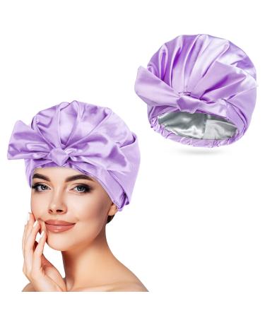 Arqumi Shower Cap Reusable Bath Cap for Women Men Waterproof Double-Layer Shower Cap with Ribbon Bow Large Elastic Hair Bath Cap Hair Bonnet for Long Thick Hair Purple C Shower Cap (1PCS) Purple