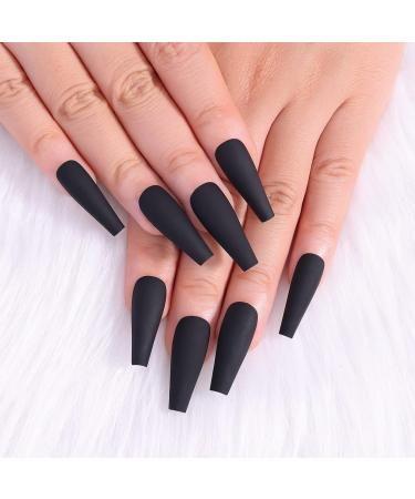 Artquee 24pcs Black Pure Color Ballerina Long Coffin Matte Fake Nails Press on Nail False Tips Manicure for Women and Girls CB-MB
