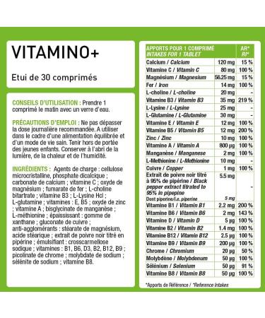 MULTIVITAMIN AND MINERAL COMPLEX Vitamino+ - High Absorption - Vitamins A B C D3 E Minerals Amino Acids Zinc - Immunity Fatigue - 30-Day Program - Eric Favre French Laboratory - Buy Online on GoSupps.com