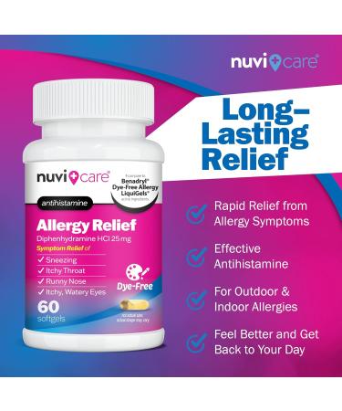Allergy Relief Softgels Dye-Free Diphenhydramine 25mg Antihistamine Meds for Runny Nose Sneezing Itchy Eyes & Throat Compare to LiquiGels Allergy Medicine for Adults (60 Count) 60 Count (Pack of 1) - Buy Online on GoSupps.com