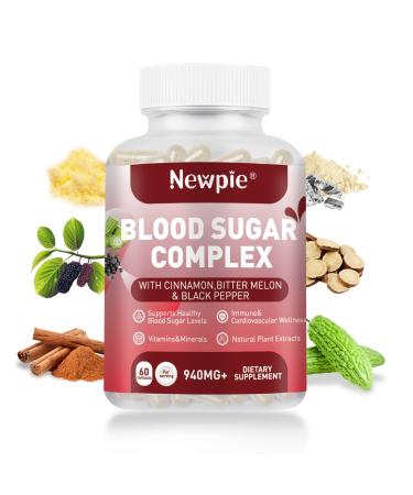 Blood Sugar Complex Supplement Supports Healthy Blood Sugar in Normal Range Natural with 20 Active Ingredients Including Cinnamon Bitter Melon Fenugreek Seeds & Vitamins Non-GMO 60 Capsules 1