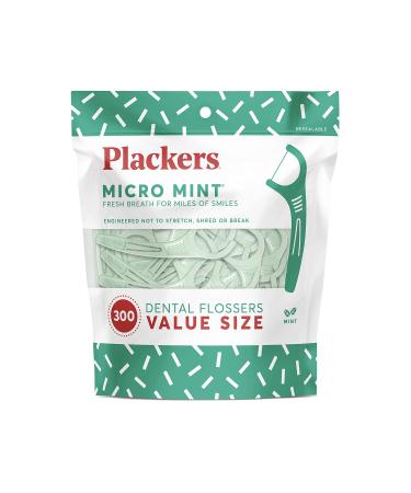 Plackers Micro Mint Dental Flossers, Fresh Mint Flavor, Fold-Out Toothpick, Super Tuffloss, Easy Storage with Sure-Zip Seal, 300 Count 300 Count (Pack of 1)