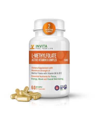 INVITA L-Methylfolate 15mg + Active Vitamin B Complex 60 Capsules - 5-MTHF Supplement with Vitamin B6 & B12 Methylcobalamin for Mood Energy and Heart Non-GMO Gluten Free 2-Month Supply