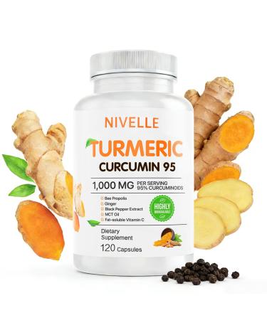 NIVELLE Pure Turmeric Curcumin Supplement 1 000mg | 95% Curcuminoids with Bee Propolis Ginger MCT Oil Fat Soluble Vitamin C & Black Pepper | Non-GMO Gluten Free | 120 Capsules