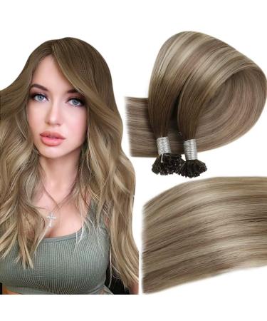 Easyouth boning extensions real hair remy kearatin extensions real hair balayage utip hair recovery Darker Brown Mix medium brown and medium blonde 50g/50 piece #3/8/22 40 cm 2-1 #3/8/22