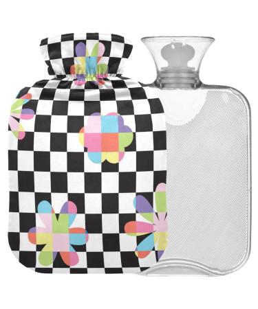 Naanle hot water bottle with cover black and white plaid flower transparent hot water bottle heat bottle for back pain relief handfoot warmer neck warmth and cold therapy 1l