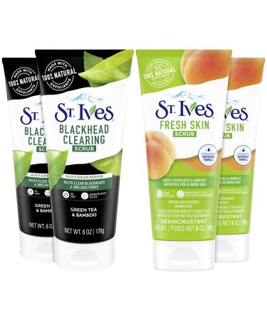 St. Ives Facial Scrub Skin Care Set Bundle Fresh Skin Apricot Scrub + Blackhead Clearing Deep Exfoliating Green Tea Scrub with 1% Salicylic Acid Acne Treatment for Face 6 Oz Ea (4 Piece Set)