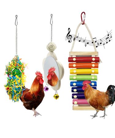 EBaokuup 3PCS Chicken Toys for Hens, Chicken Xylophone Toy, Chicken Mirror Toy with Bell and Foraging Shredder Toys, Suspensible Wood Xylophone Toy with 8 Metal Keys for Chicks Hens Parrot Bird