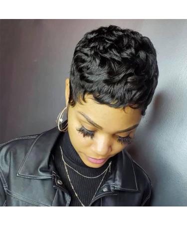YOUKNOWIG Pixie Cut Straight Short Bob Wig for Black Women 100% Brazilian Virgin Human Hair Non Lace Full Machine Made 6 inch Natural Black Color