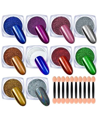 Yagoyan 10 Jars Chrome Nail Powder Kit with Holographic Nail Powder/ Chameleon Metallic Nail Pigments with Eyeshadow Applicators, Nail Art Glitters for Chrome Nail Polish Mirror Effect