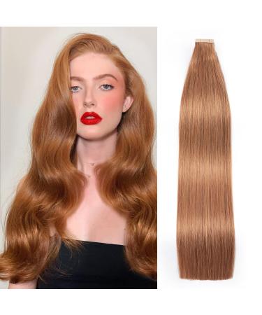 Hotlulana tape extensions real hair Auburn ginger extensions real hair 24 -inch/60cm 50g invisible 100% natural tape in extensions real hair human hair 20pcs skin weft real hair extensions tape #30.#30 Auburn Ginger 60cm-24 inch (20 pack)
