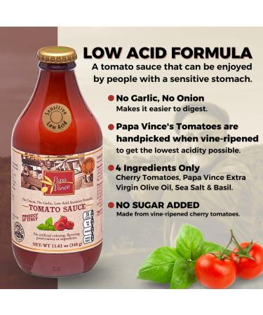 Papa Vince Low Acid Tomato Sauce - No Onion/Garlic/Sugar - Fresh Sicilian Recipe, 11.6 oz (4 Pack) - Buy Online on GoSupps.com