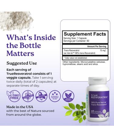 NatureCity TrueResveratrol Resveratrol Supplement & Anti-Aging Support with 75mg Trans-Resveratrol (98% Pure Veri-te) for Heart Immune Bone & Cognitive Health | 60 Veggie Capsules - Buy Online on GoSupps.com