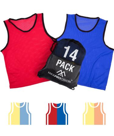 MaxProcision Bulk 14 Pack Blue and Red - Breathable Mesh Team Pinnies for Big Kids & Youth - Great for Basketball Jerseys Soccer Practice Football Pennies & Sports Teams Soccer Scrimmage Youth (14 Pack) Single Side (7 Blue/7 Red)