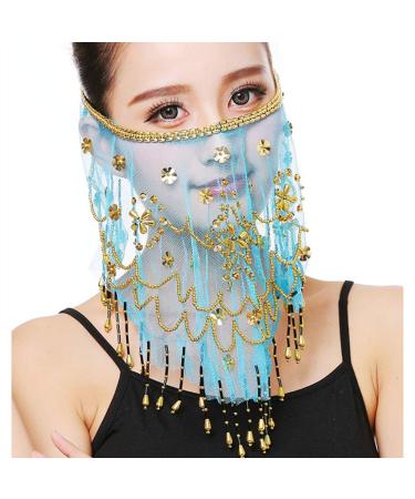 Face Veil Belly Dance Costume | Sky Blue Mesh Face Veil with Beads | Halloween Accessory - One Size - Buy Online on GoSupps.com