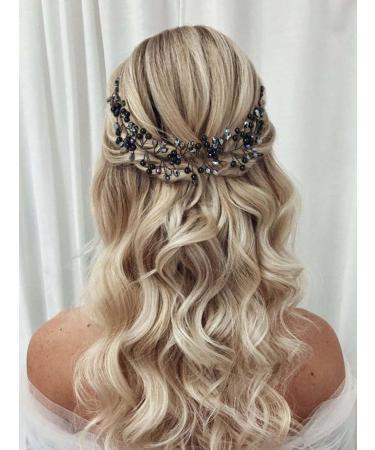 IYOU Crystal Wedding Hair Vines Black Rhinestone Bride Headband Flower Bridal Guest Hair Accessories for Women - Buy Online on GoSupps.com