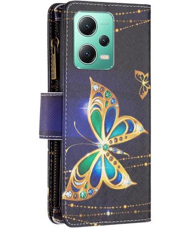 VQWQ Mobile Phone Case for Xiaomi Redmi Note 12 5G & Poco X5 - Protective Leather Pocket with Lanyard & Zipper - Butterfly 3 Folding Cover - Buy Online on GoSupps.com