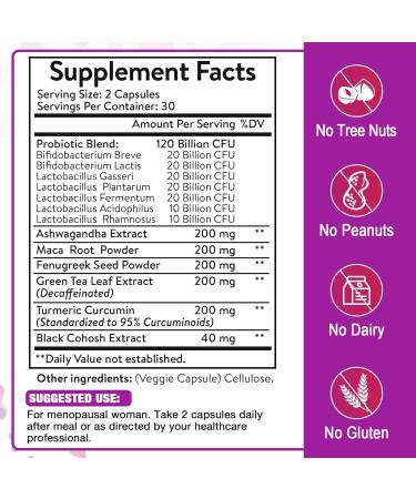 All-Natural Menopause Probiotic Supplements for Women - 120 Billion CFU for Hot Flashes Night Sweats & Mood Swings - 120 Herbal Capsules (Pack of 2 - Buy Online on GoSupps.com