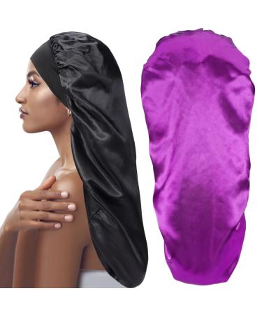 Extra Large Bonnet Sleep Cap Long Satin Night Cap for Braids Curly Hair Silk Night Hat with Wide Elastic Band Loose Sleeping Night Hat for Women Natural Hair Soft & Comfortable Black (Black,Purple)