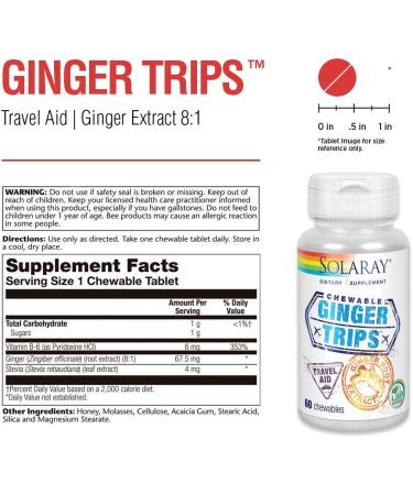 SOLARAY Ginger Trips Travel Aid - Root Extract Chewables for Healthy Digestive Support - 60 Count with Honey, Stevia & Molasses - Buy Online on GoSupps.com