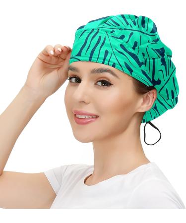 Adjustable Working Caps Tie Back Cover Hair Bouffant Hats Sweatband - Monstera Tropical Leaf | One Size Fit All - Buy Online on GoSupps.com