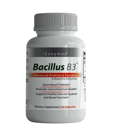 New Bacillus B3 Probiotic Complex & Bioactive Enzymes 100% Spore-Based Organisms - SBO - Better Survivability - B Coagulans B Subtilis & B Clausii - Non GMO - 60 Capsules Pack of 1