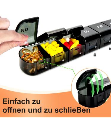 7-Day Pill Organizer Box - Moisture-Resistant Tablet Case with 7 Compartments for Travel & Home - Black - Buy Online on GoSupps.com