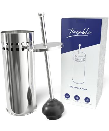 Tiasablu Plunger with Concealed Holder - Heavy Duty Plunger for Toilet, Plungers for Bathroom, No Splash Back, Long Handle - Discreet Toilet Plunger and Holder for Bathroom Chrome
