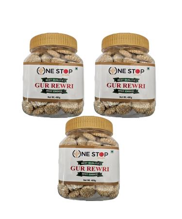 One Stop Dealers Gur Rewri (400 Gram) - Traditional Indian Sweet Treat - Made from Sugar Cane Unrefined Jaggery (Pack of 3)
