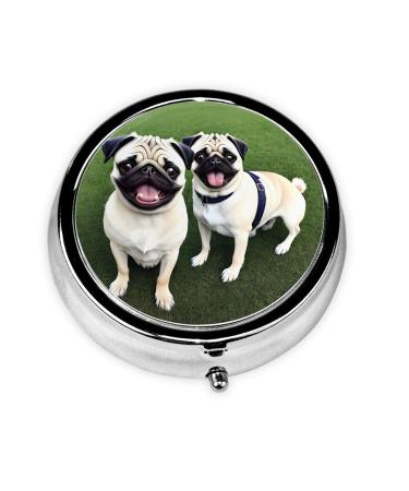 Mini Metal Pill Box 2.0x2.0x0.7 in Round Travel Medicine Pill Organizer Box for Purse Pocket Funny Happy Pug Dog Picture Black