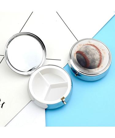 Baseball Print Round Pill Box - 3 Compartment Medicine Organizer | Decorative Metal Portable Pocket Pill Case - Buy Online on GoSupps.com