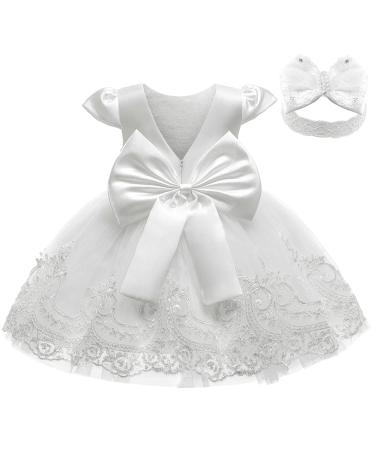 keaiyouhuo Baby Girls Lace Backless Tulle Princess Dresses Wedding Pageant Party Christening Dress with Bowknot Headwear 18-24 Months White