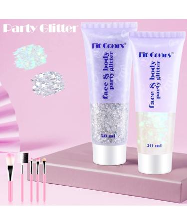 Pamiyo Body Glitter Gel Set - 2 x 50ml Festival Mermaid Sequins with Brush | Chunky Makeup for Masquerade & Birthdays (White & Silver) - Buy Online on GoSupps.com
