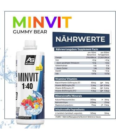 All Stars MINVIT LIGHT Rubber Bear Drinks Concentrate 1 L Syrup Including Vitamins & Minerals Concentrate for 40 L Drink Sports Drink Low Sugar Drink Drink with L-Carnitine - Buy Online on GoSupps.com