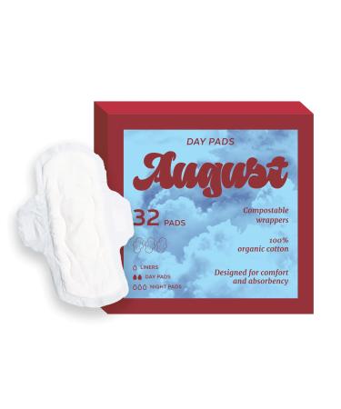 August Organic Menstrual Day Pads 100% Certified Organic Cotton Compostable Wrappers Toxin Free Fragrance Free Hypoallergenic 32 Pads 32 Count (Pack of 1) - Buy Online on GoSupps.com