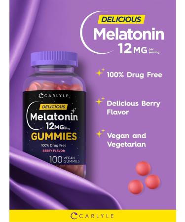 Carlyle Melatonin Gummies 12mg | 100 Count | Berry Flavor | Vegan Supplement | Non-GMO Gluten Free - Buy Online on GoSupps.com