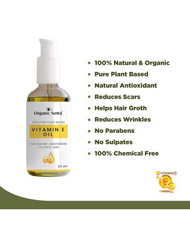 Organic Netra 100% Pure Plant-Based Vitamin E Oil | Radiant Moisturized Skin & Hair Growth | Reduces Scars Stretch Marks & Wrinkles - 1.01 Oz - Buy Online on GoSupps.com