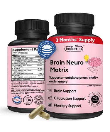 Brain Neuro Matrix Memory & Focus Nootropic with Ginkgo Biloba & Huperzine A Caffeine-Free Vegan Brain Supplement for Clarity Focus & Mood 90 Capsules (3-Month Supply)