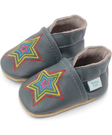Dotty Fish Soft Leather Toddler Shoes for Boys | Non-Slip Suede Soles | Grey Rainbow Star | 0-6 Months to 4-5 Years - Buy Online on GoSupps.com