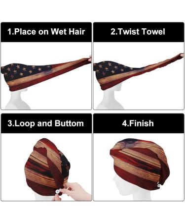 Wood Texture USA Flag Microfiber Hair Towel Wrap for Women - Super Absorbent 10x26 Inch Hair Turban with Button - Buy Online on GoSupps.com