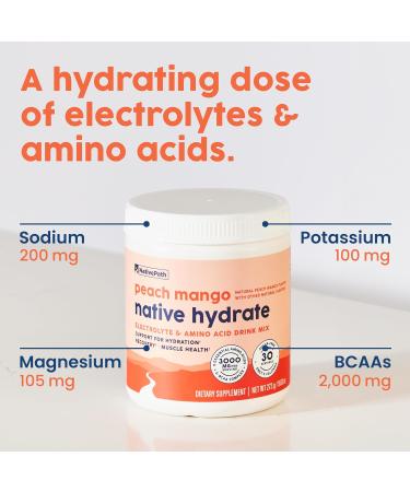 NativePath Native Hydrate - Zero Sugar Electrolytes Powder with BCAAs - Peach Mango Flavor - Keto & Paleo Friendly - 30 Servings - International Shipping Available - Buy Online on GoSupps.com