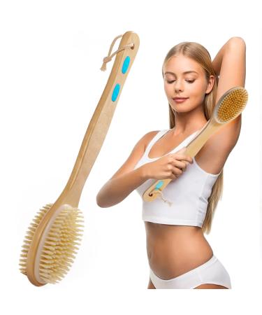 Shower Brushes,Dry and Wet Double-Sided Body Massage Exfoliating Long Bamboo Handled Bath & Body Brushes for Back and Whole Body Scrubber.(Soft and Hard Natural Boar Bristles)