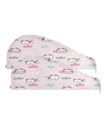 Pink Cartoon Cat Dry Hair Cap 2 Piece Quick Drying Towel Set with Button Headband Super Absorbent Soft & Comfortable