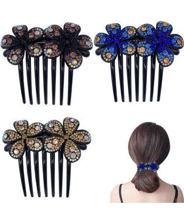 KuuGuu 3 PCS Flower Hair Comb Rhinestone Hair Pins Bride Hair Slide Combs Wedding Headdress Hair Accessories for Women Blue + Champagne + Brown