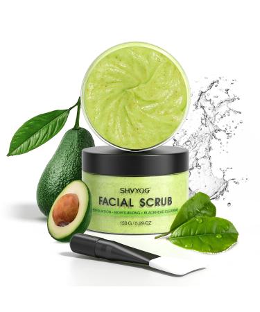 Green Tea Facial Scrub, SHVYOG Organic Avocado & Green Tea Face Scrub With Brush, Exfoliating Facial Scrub Moisturizes Face, Exfoliating Face Wash to Treat Acne, Blackheads, Large Pores and Oil